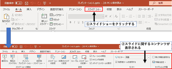 「最初から」をクリックすると、作成したプレゼンテーションの最初のページから画面に表示されます。