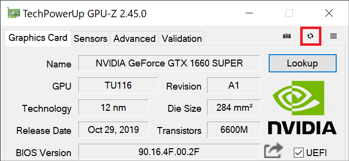 グラフィックボードをオーバークロックした場合などに、変更が適用されているのか確認するため、GPU-Zの表示を再度読み込みする場合に使用します。
