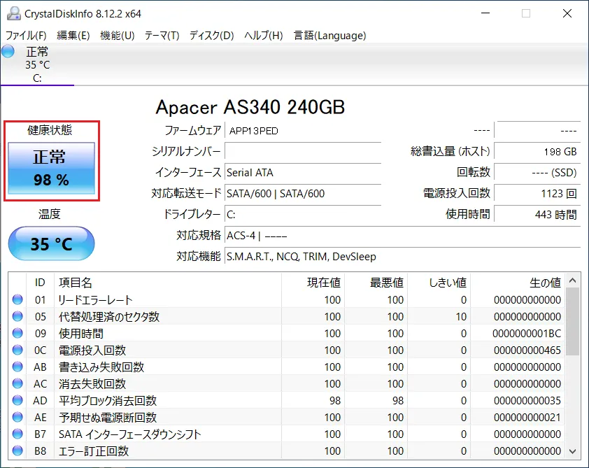 CrystalDiskInfo（クリスタルディスクインフォ）の「健康状態」の表示