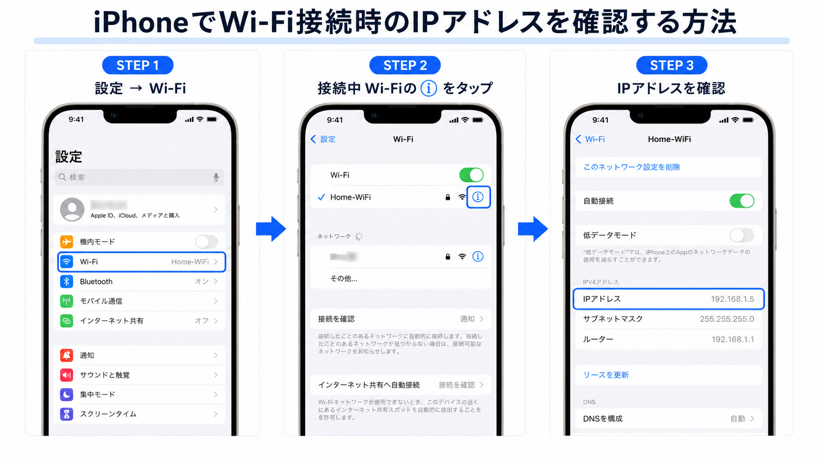 iPhoneでWi-Fi接続時のIPアドレスを確認する方法