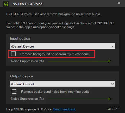 サウンドデバイスを設定したら、プルダウンメニューの下部にある項目「Remove background noise from my microphone」のチェックボックスにチェックを入れることでNVIDIA RTX Voiceを有効化することが可能です。