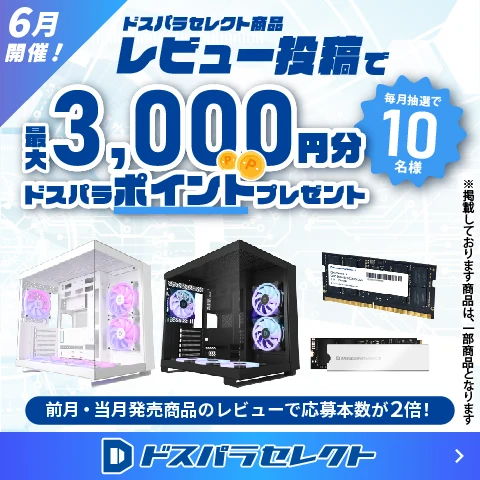 ドスパラセレクト商品レビュー投稿で最大3,000円分ドスパラポイントプレゼント