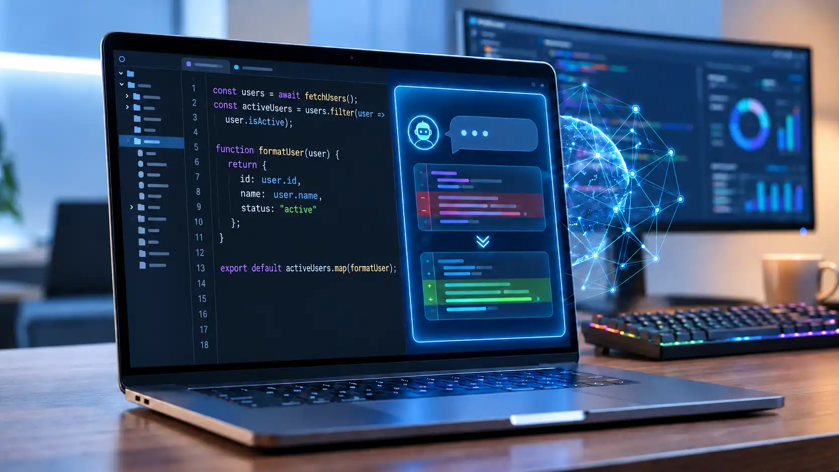 コードエディター上でAIに相談しながらコードを修正する概念イメージ