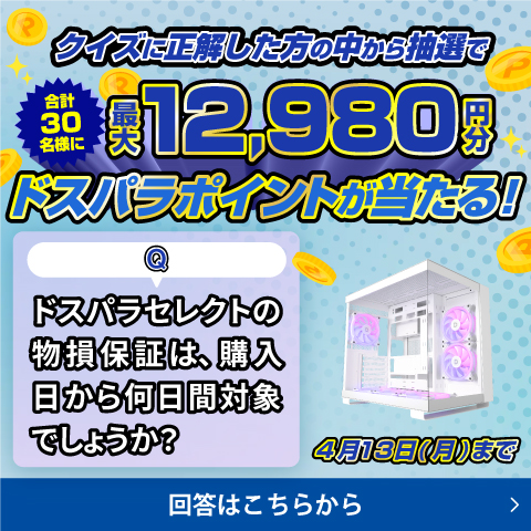 クイズに正解した方の中から抽選で合計30名様に最大12,980円分ドスパラポイントが当たる！