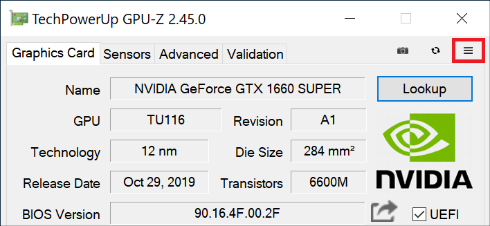 右上にある「ハンバーガーメニュー」をクリックするとGPU-Zの設定画面が表示されます。