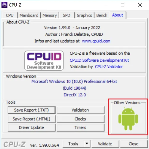 CPU-Zの「About」項目では、CPU-Z自体のバージョンや関連情報が掲載されています。