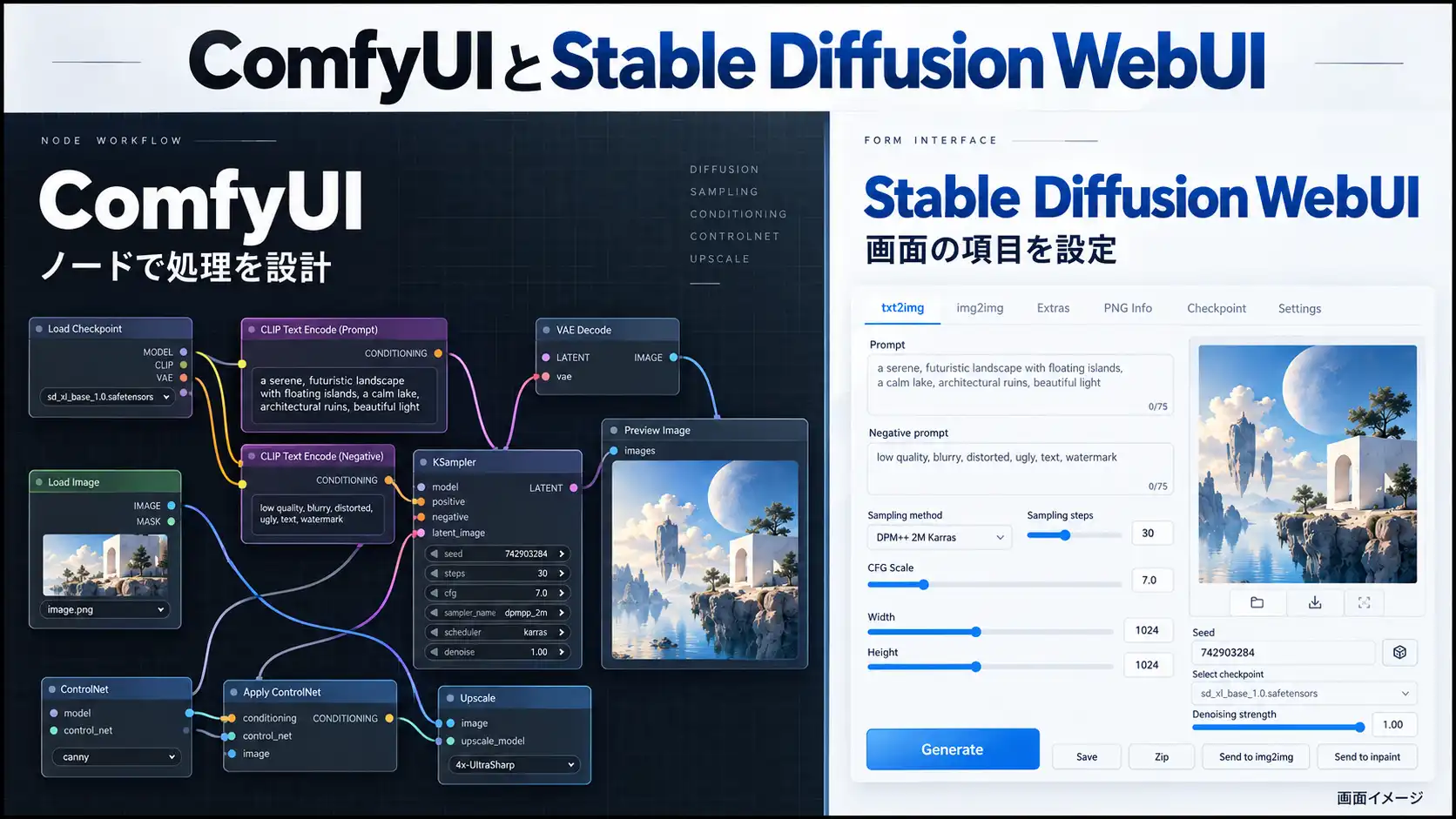 ComfyUIとStable Diffusion WebUIの操作画面の違いを比較したイメージ
