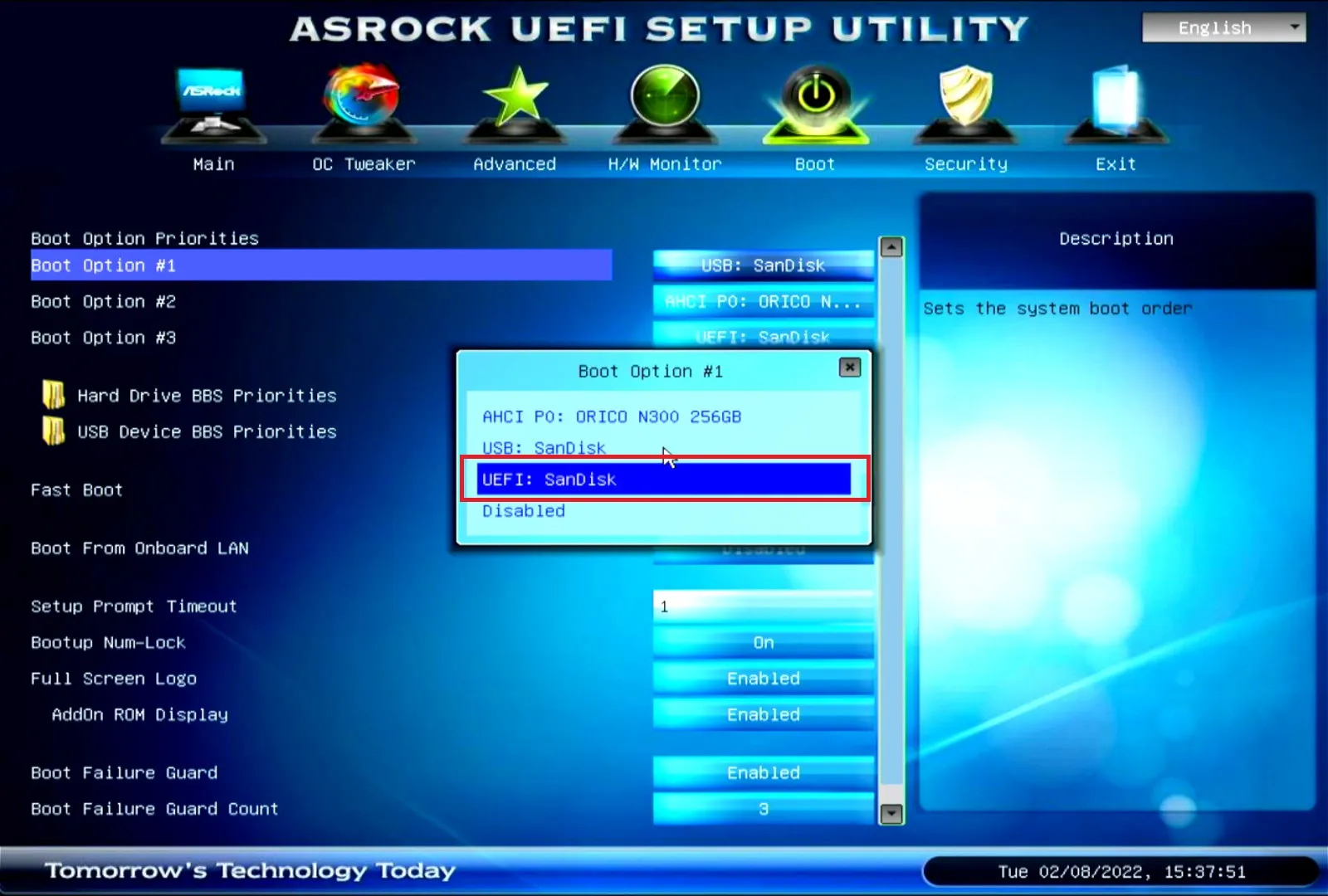 画面のように「Boot Option ＃1」で「UEFI:SanDisk」が一番に起動されるように設定すればOKです。