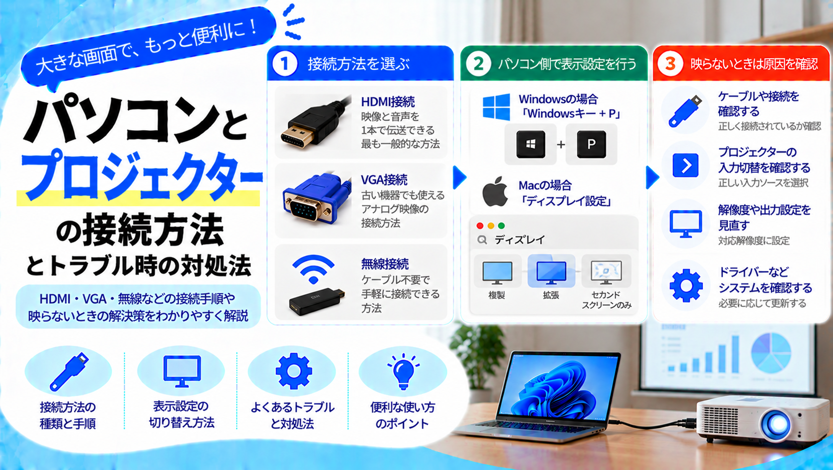 パソコンとプロジェクターの接続方法とトラブル時の対処法