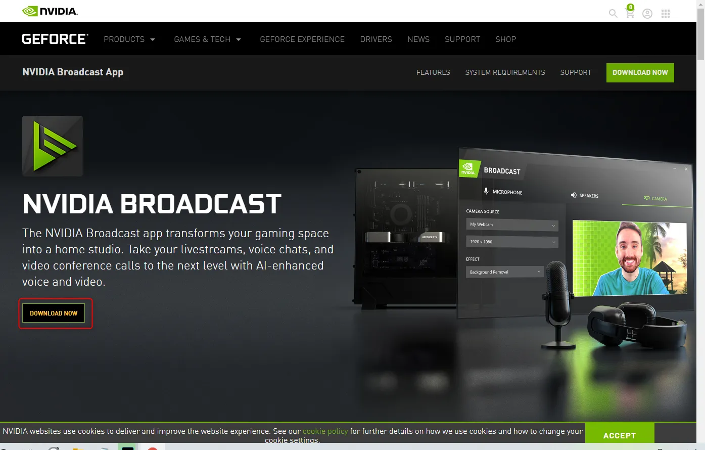 NVIDIA Broadcast をダウンロードするため、以下のページに行きます。