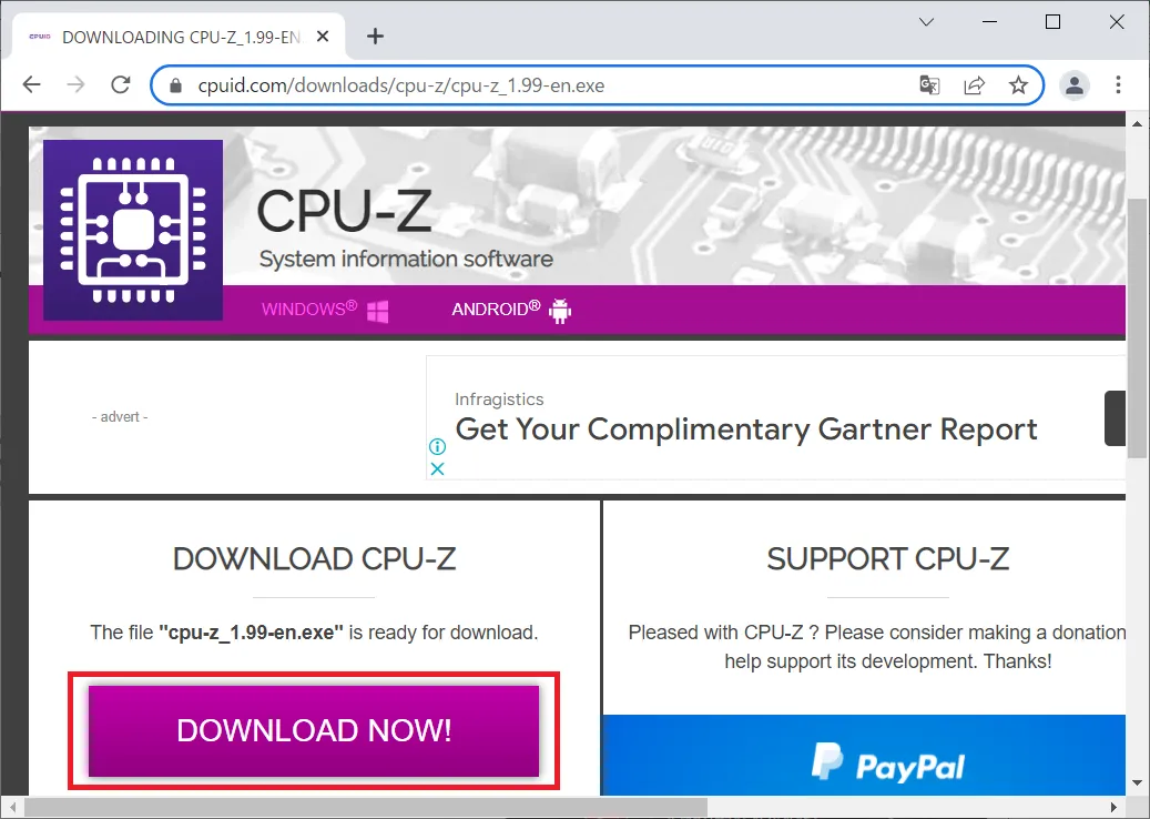 「DOWNLOAD CPU-Z」の項目の中の「DOWNLOAD NOW」ボタンをクリックしてダウンロードを開始します。