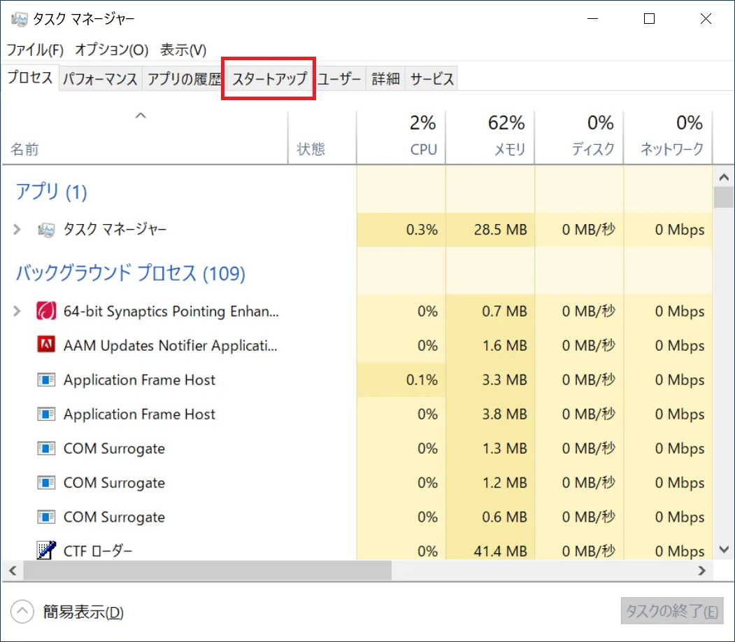 タスクマネージャーが起動しますので「スタートアップ」のタブを選択します。