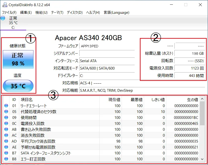 CrystalDiskInfo(クリスタルディスクインフォ)の情報の見方