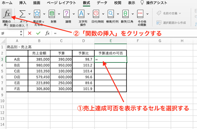 売上達成可否を表示するセルを選択して、「関数の挿入」をクリックします。