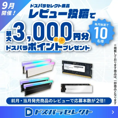 ドスパラセレクト商品レビュー投稿で最大3,000円分ドスパラポイントプレゼント