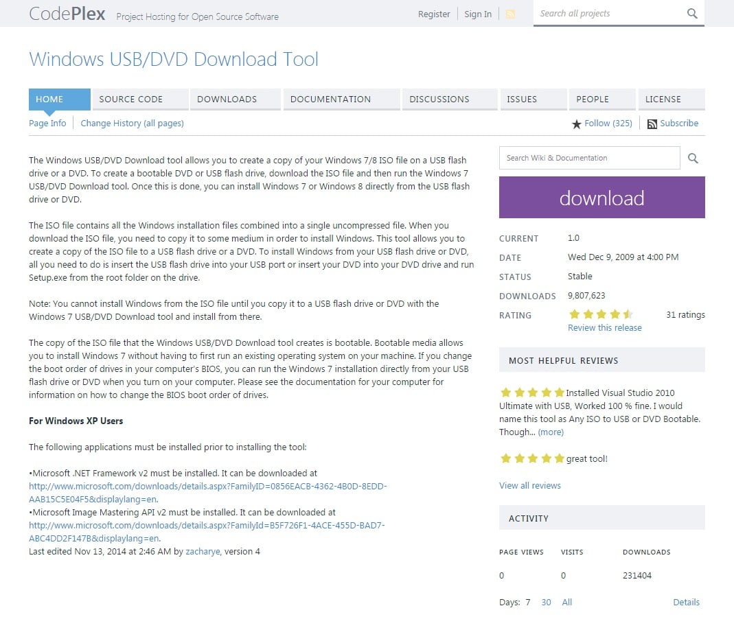 3.ダウンロードページへアクセスするので、右上の紫色の「download」をクリック。「Windows USB/DVD Download Tool」を実行する前に、容量4GB以上で、フォーマット済みのUSBメモリをパソコンに接続しておきます