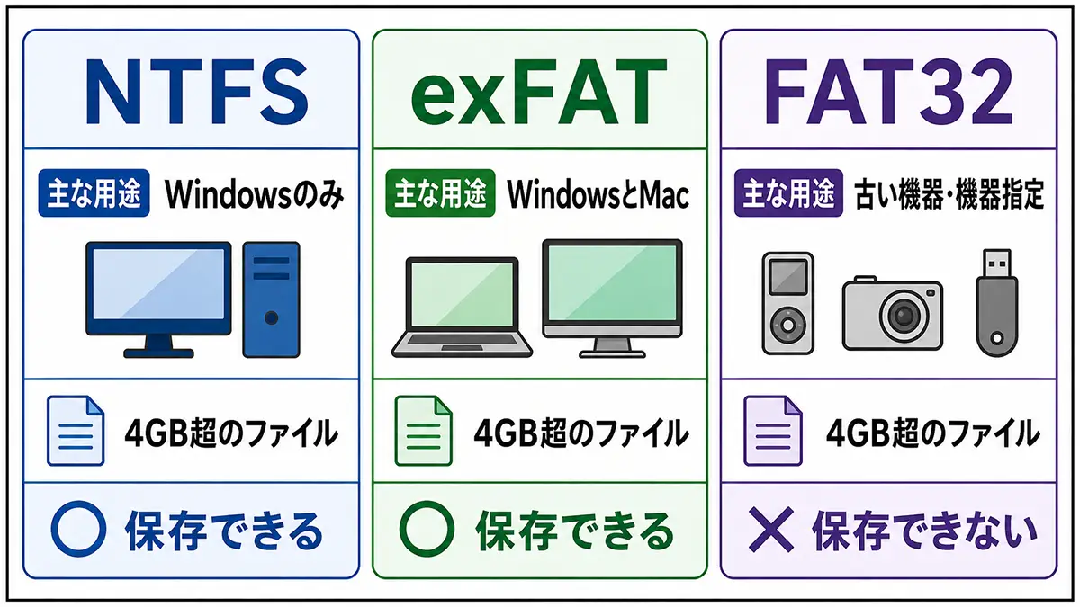 NTFS・exFAT・FAT32の主な用途と4GBを超えるファイルへの対応を比較した図