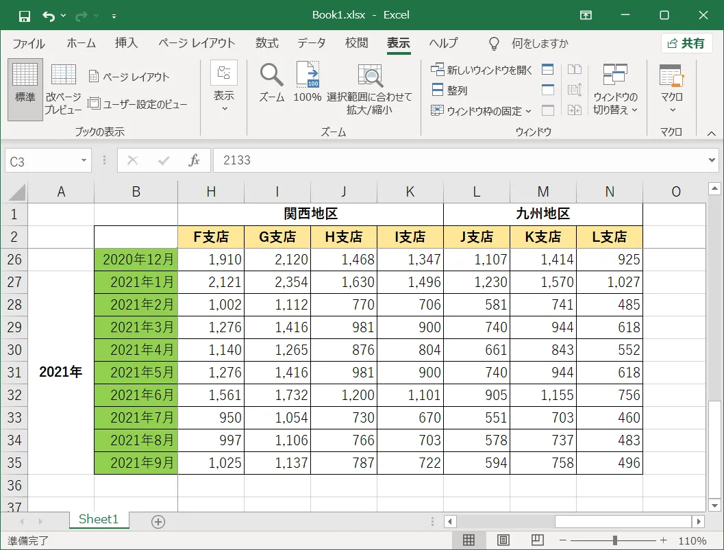 最後に表をスクロールして1行目、2行目とA列とB列が固定で表示されていることを確認してみましょう。