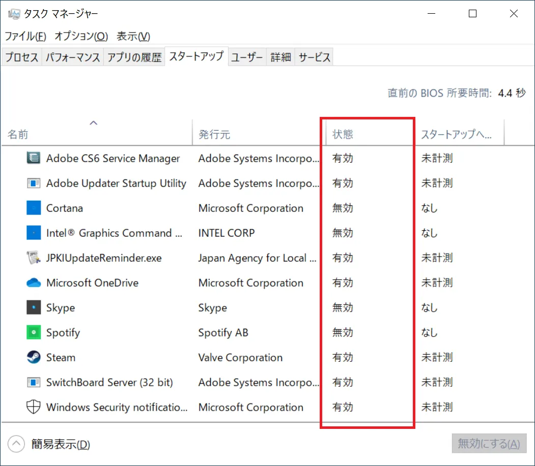 スタートアップのタブの中の「状態」の項目で「有効」「無効」を確認します。