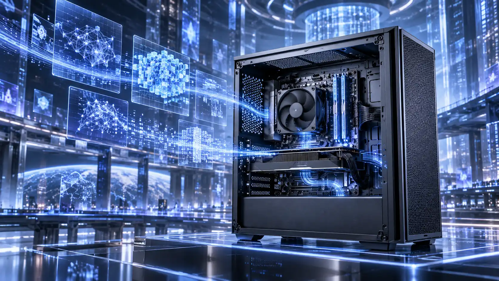 自作PCでローカルAIを処理する高級テクノロジー広告テイストのイメージ