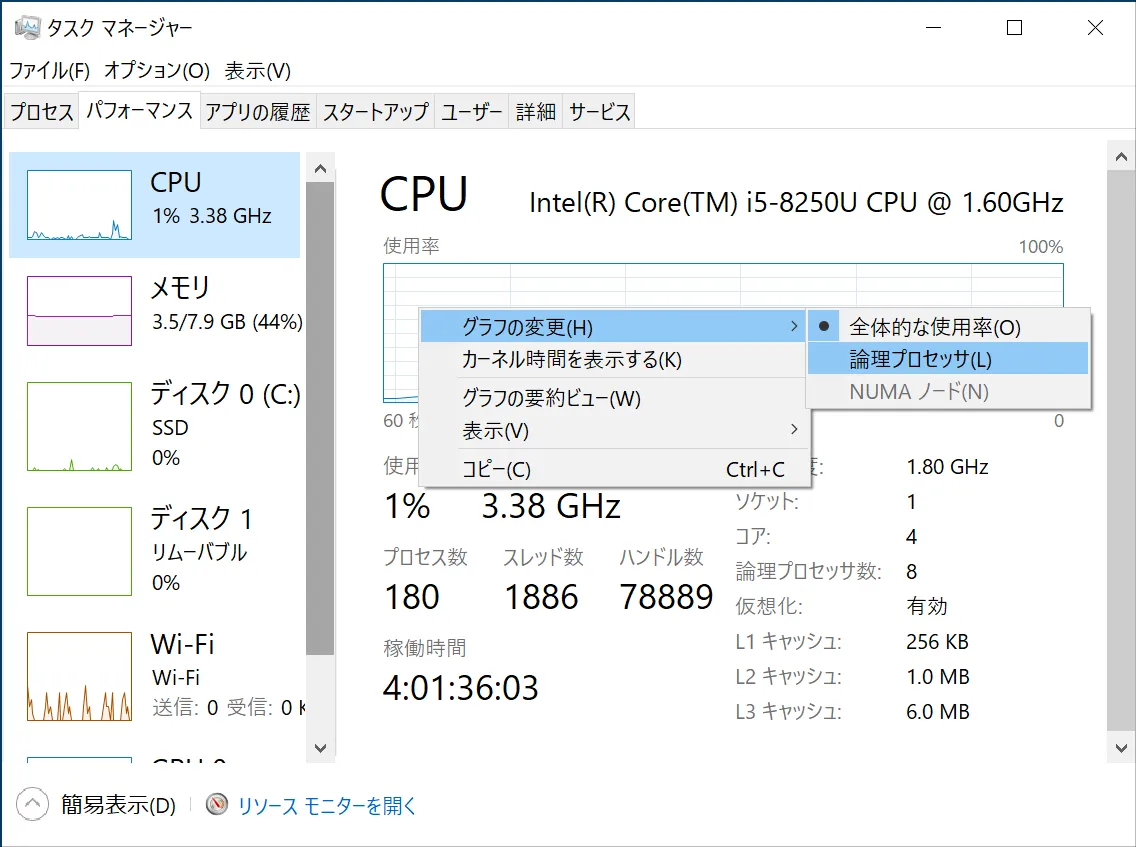 標準の表示ではCPU全体のリソースがグラフで表示されますが、グラフ自体を右クリックして「グラフの変更」の中の「論理プロセッサ」を選択します。