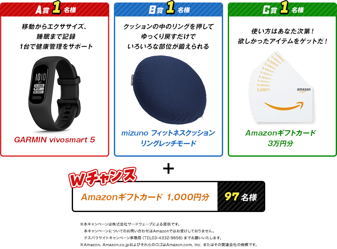 フィットネスグッズとデジタルギフト［A賞1名様：GARMIN vívosmart 5、B賞1名様：mizuno フィットネスクッション リングレッチモード、C賞1名様：Amazonギフトカード 3万円分、Wチャンス：97名様：Amazonギフトカード 1,000円分］