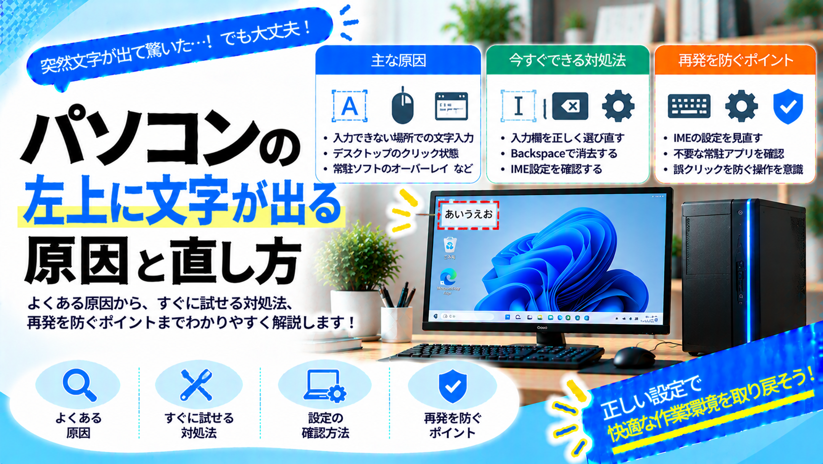 パソコンの左上に文字が出る原因と直し方