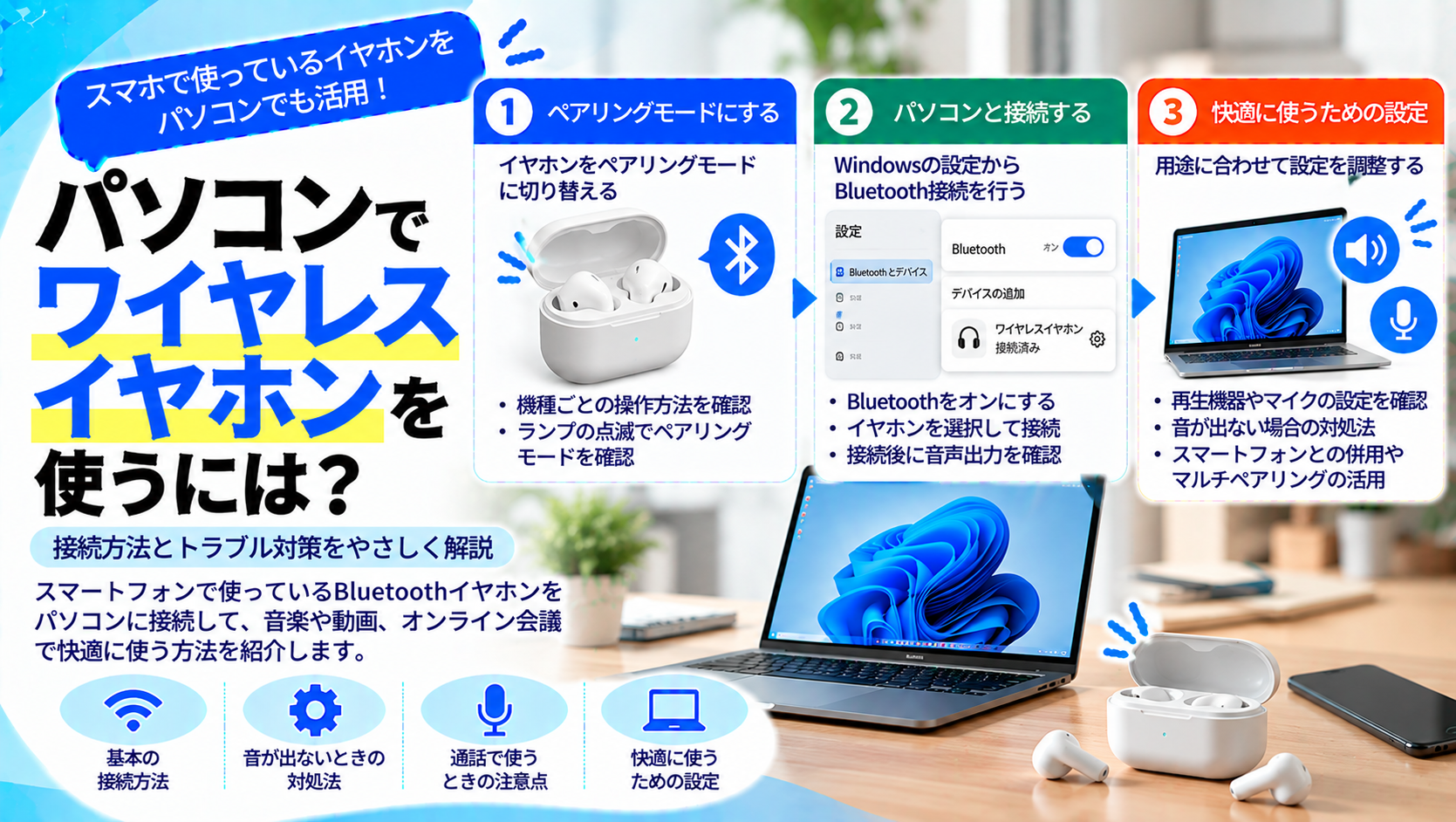 パソコンでスマートフォンのワイヤレスイヤホンを使うには？接続方法とトラブル対策