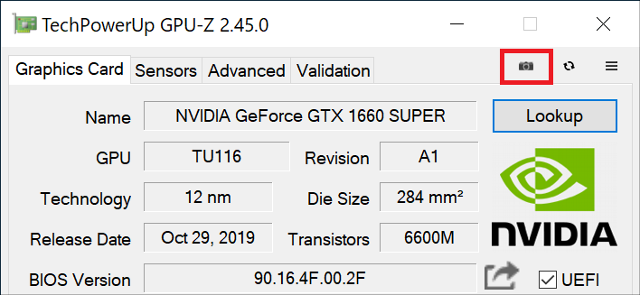 GPU-Zの「カメラアイコン」をクリックすると、現在のGPU-Zの画面をスクリーンショットで撮影することができます。