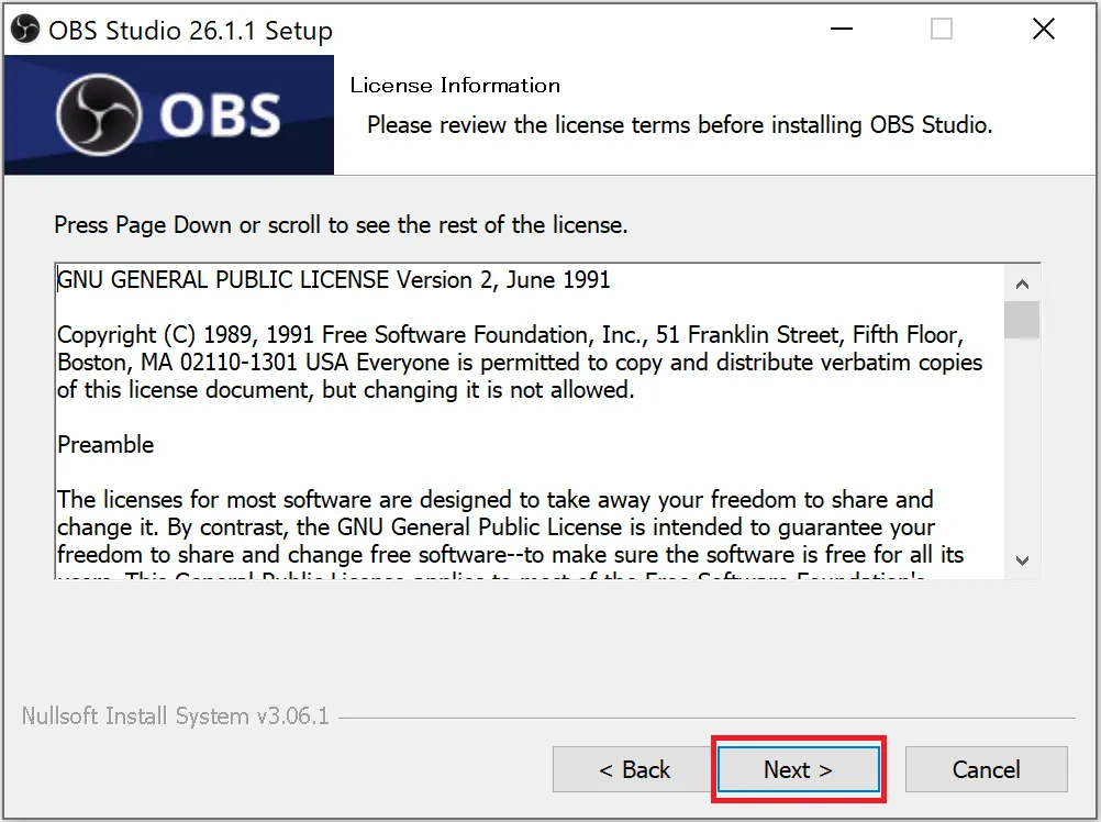 OBS Studioのライセンス規約のウィンドウでは「Next」をクリックします。