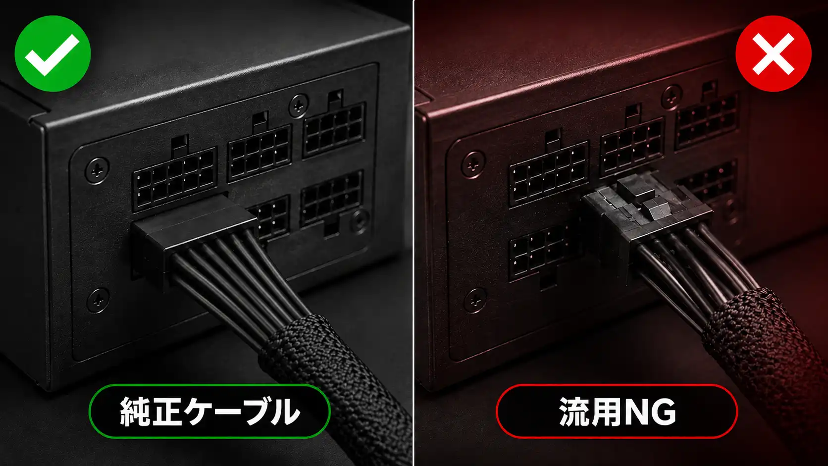 電源ユニットの純正ケーブルと別電源ケーブル流用NGの比較