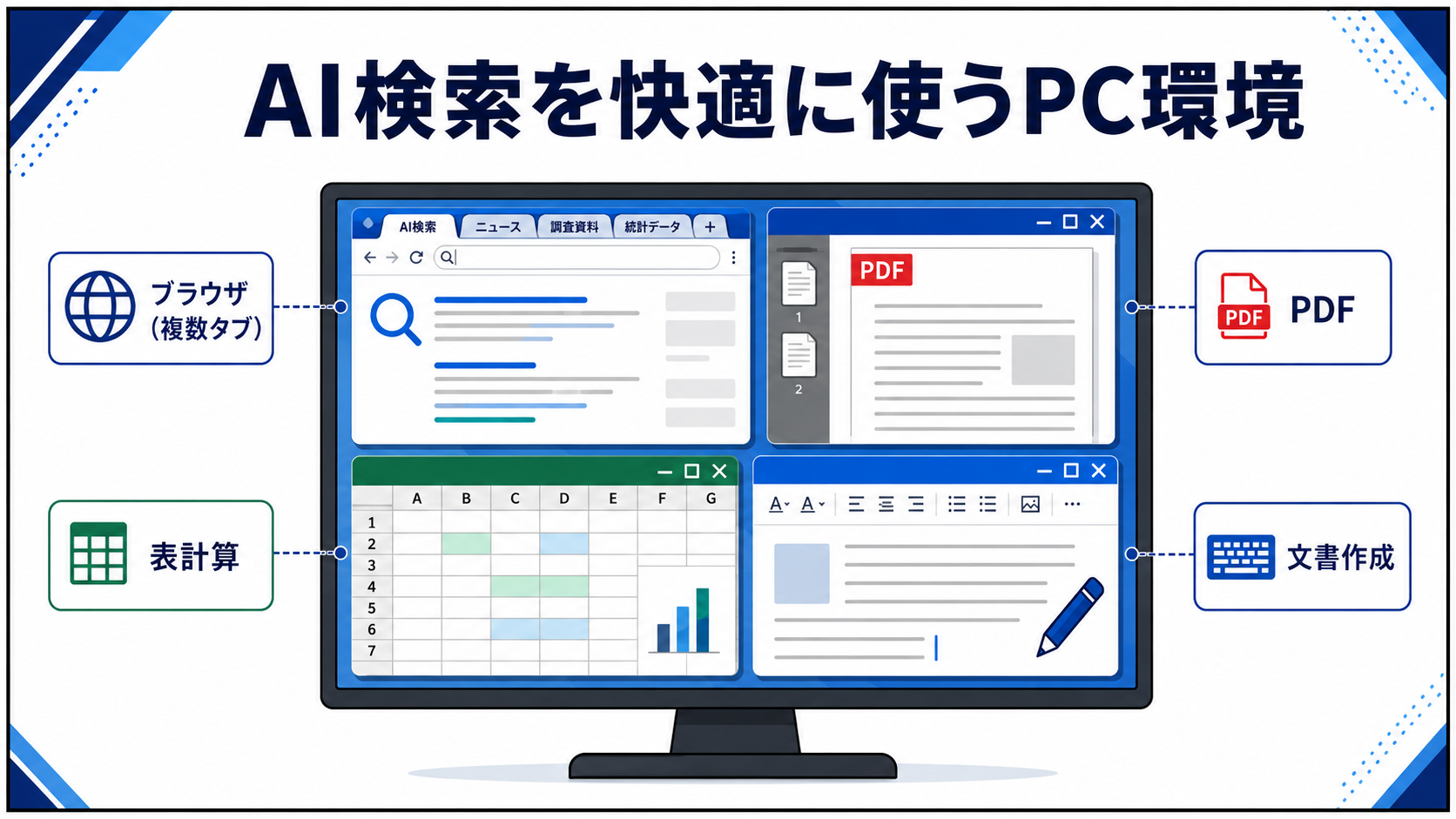 Perplexity AIを使う際に複数タブ、PDF、文書作成を同時に行うPC環境の図解