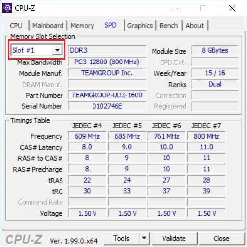 CPU-Zの「SPD」項目では以下のような内容がわかります。