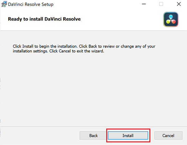 「Ready to install DaVinci Resolve」のウィンドウが表示されます。インストール準備ができたら「Insall」ボタンをクリックします。