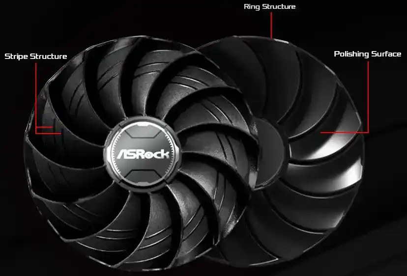ASRock Radeon RX 7800 XT Challenger 16GB OC (RX7800XT CL 16GO)_エアフローを強化するストライプリングファン