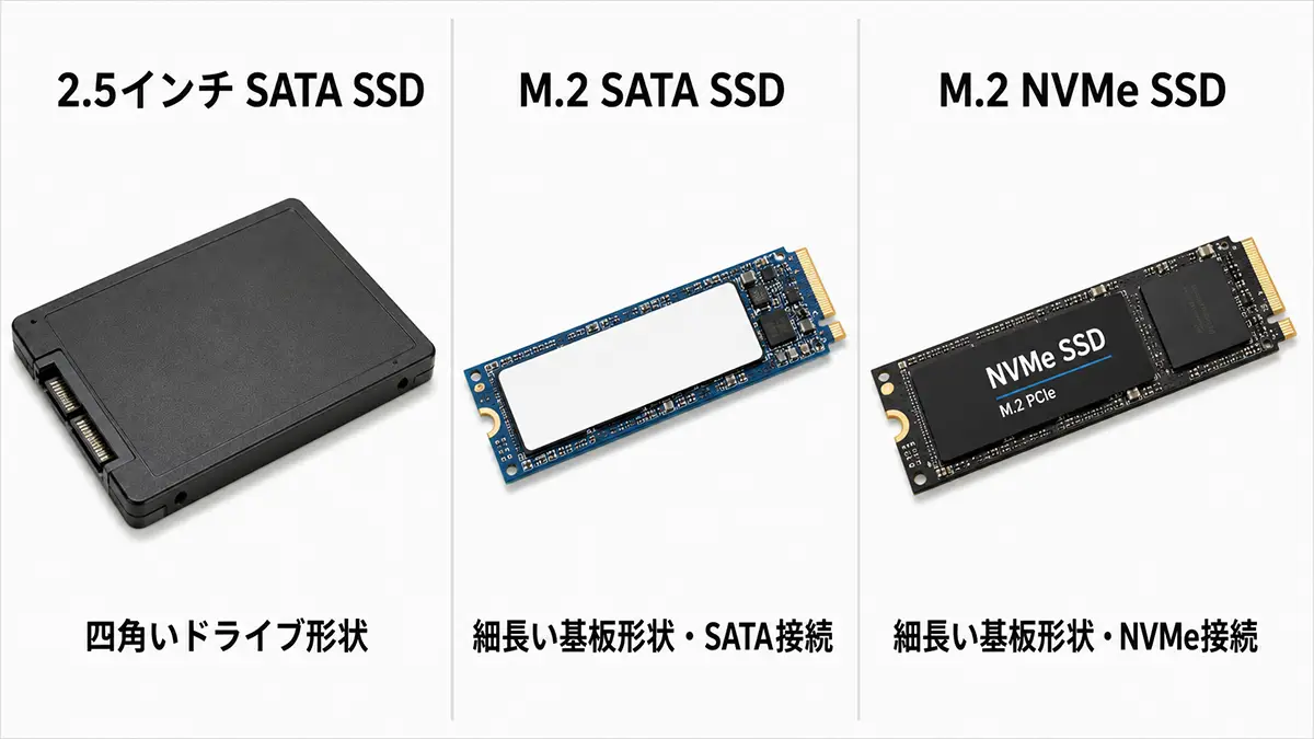 2.5インチ SATA SSD、M.2 SATA SSD、M.2 NVMe SSDの形状比較図