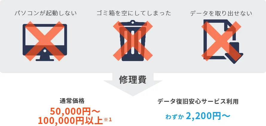 パソコンが起動しない、ゴミ箱を空にしてしまった、データを取り出せない等の修理費がわずか2,200円(税込)からの低価格でご利用いただけます。