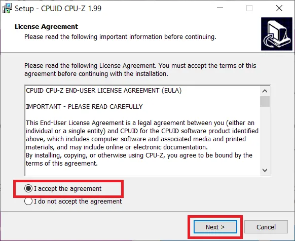 利用規約の同意となるので「I accept the agreement」のラジオボタンを選択し「Next」をクリックして進行します。