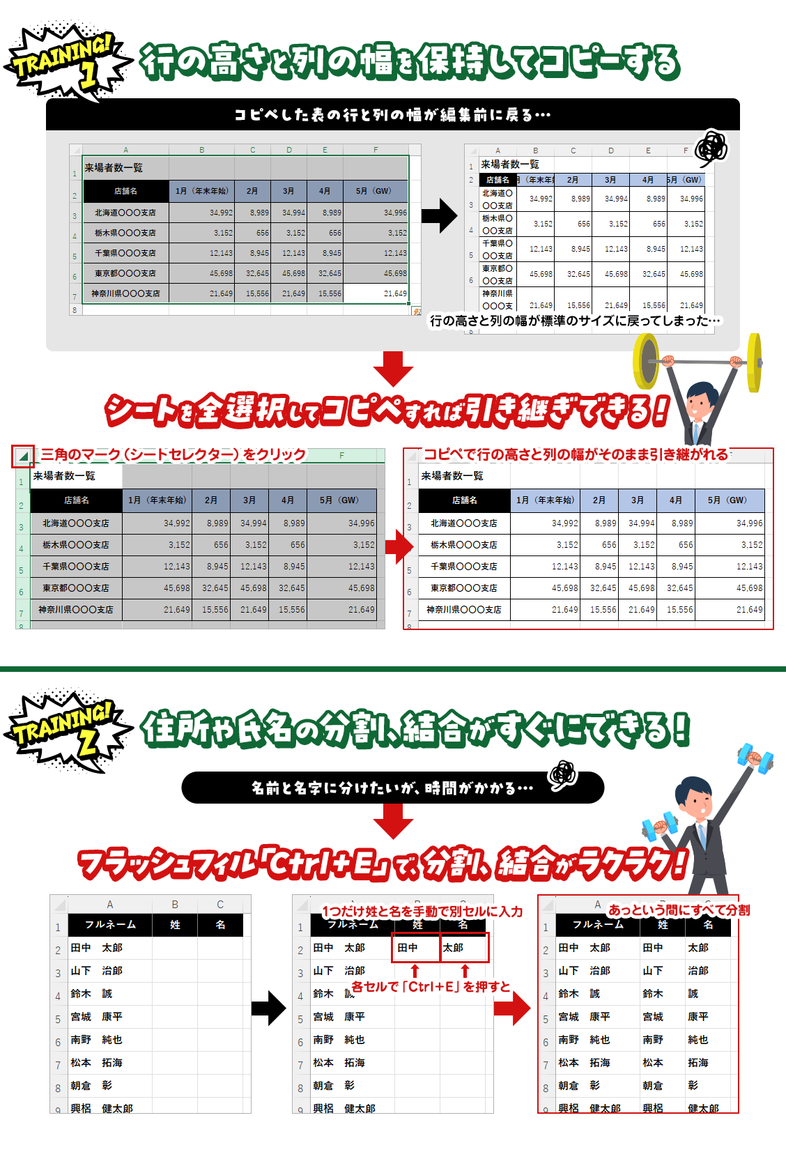 【Training1】行の高さと列の幅を保持してコピーする。【Training2】住所や氏名の分割、結合がすぐにできる！