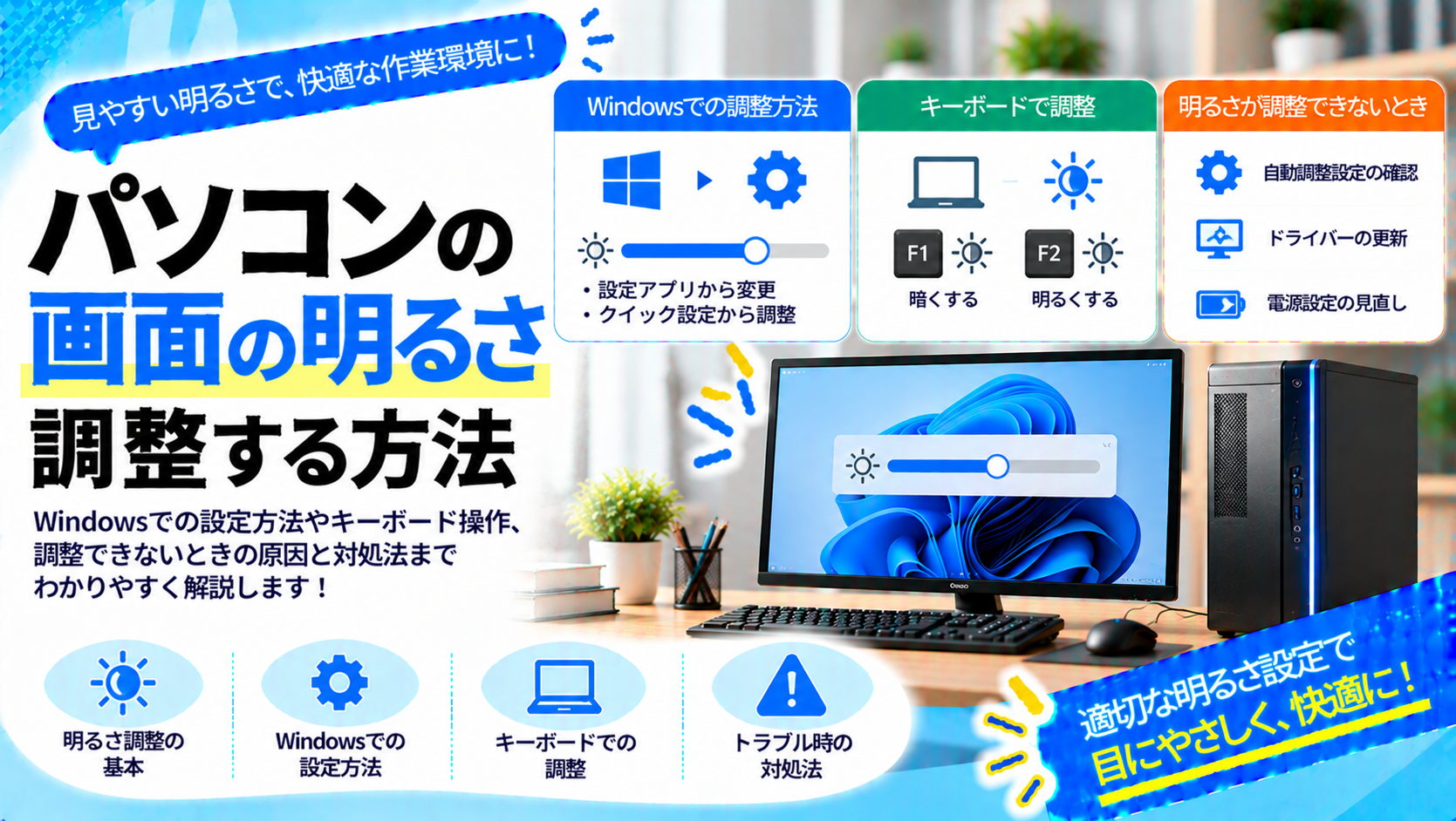 パソコンの画面の明るさが暗いときの調整と原因確認