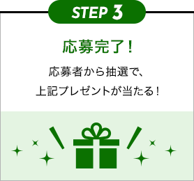 STEP3 応募完了！ 応募者から抽選で、上記プレゼントが当たる！