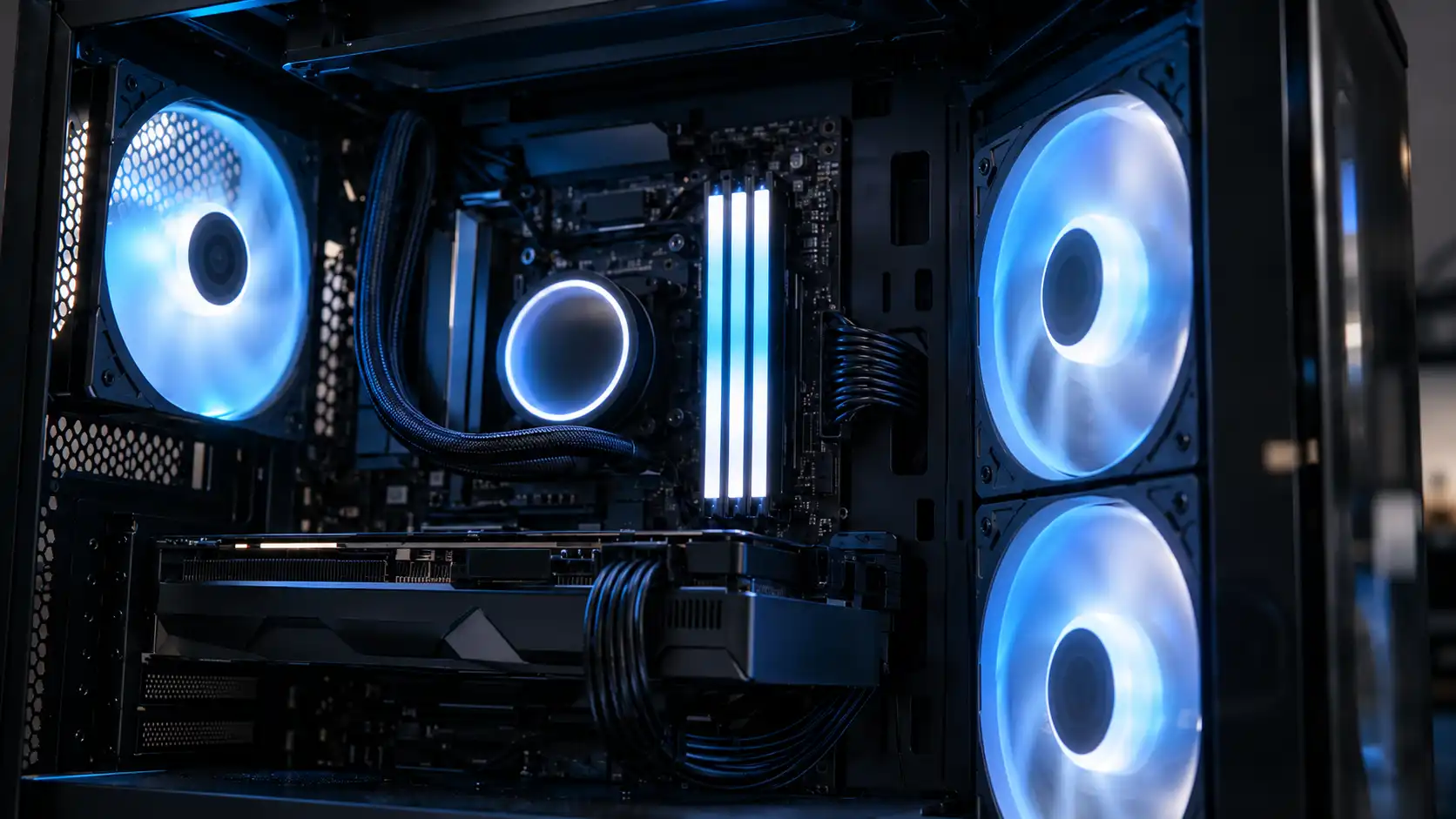 青白色に発光するケースファンを搭載したPCケース内部