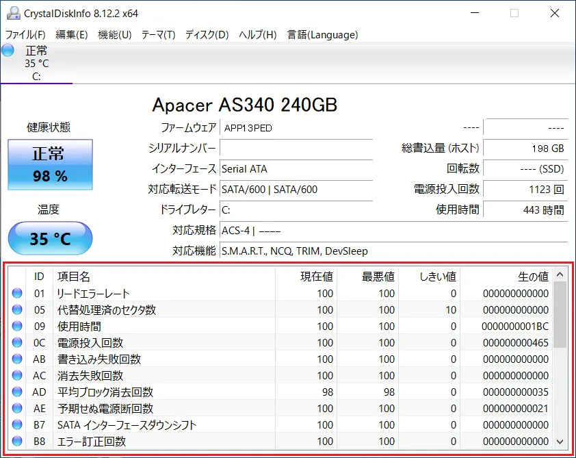 CrystalDiskInfo（クリスタルディスクインフォ）の「S.M.A.R.T.（スマート）情報」の表示