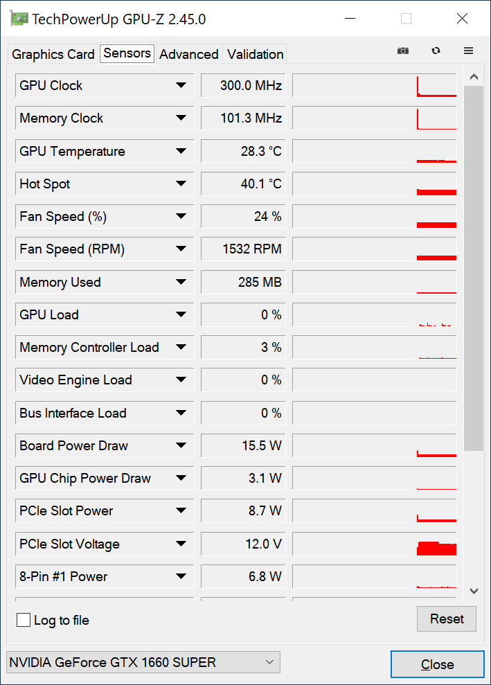 GPU-Zの「Sensors」タブでは主にグラフィックボードに搭載されているセンサーからの情報がリアルタイムで数値とグラフで表示されます。