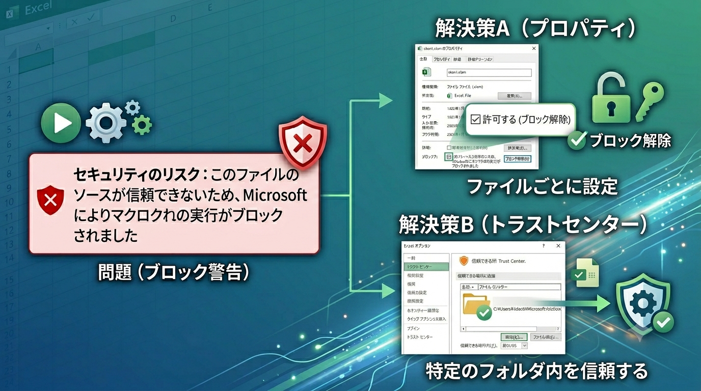 Excelマクロの有効化は「プロパティ」か「トラストセンター」から設定可能