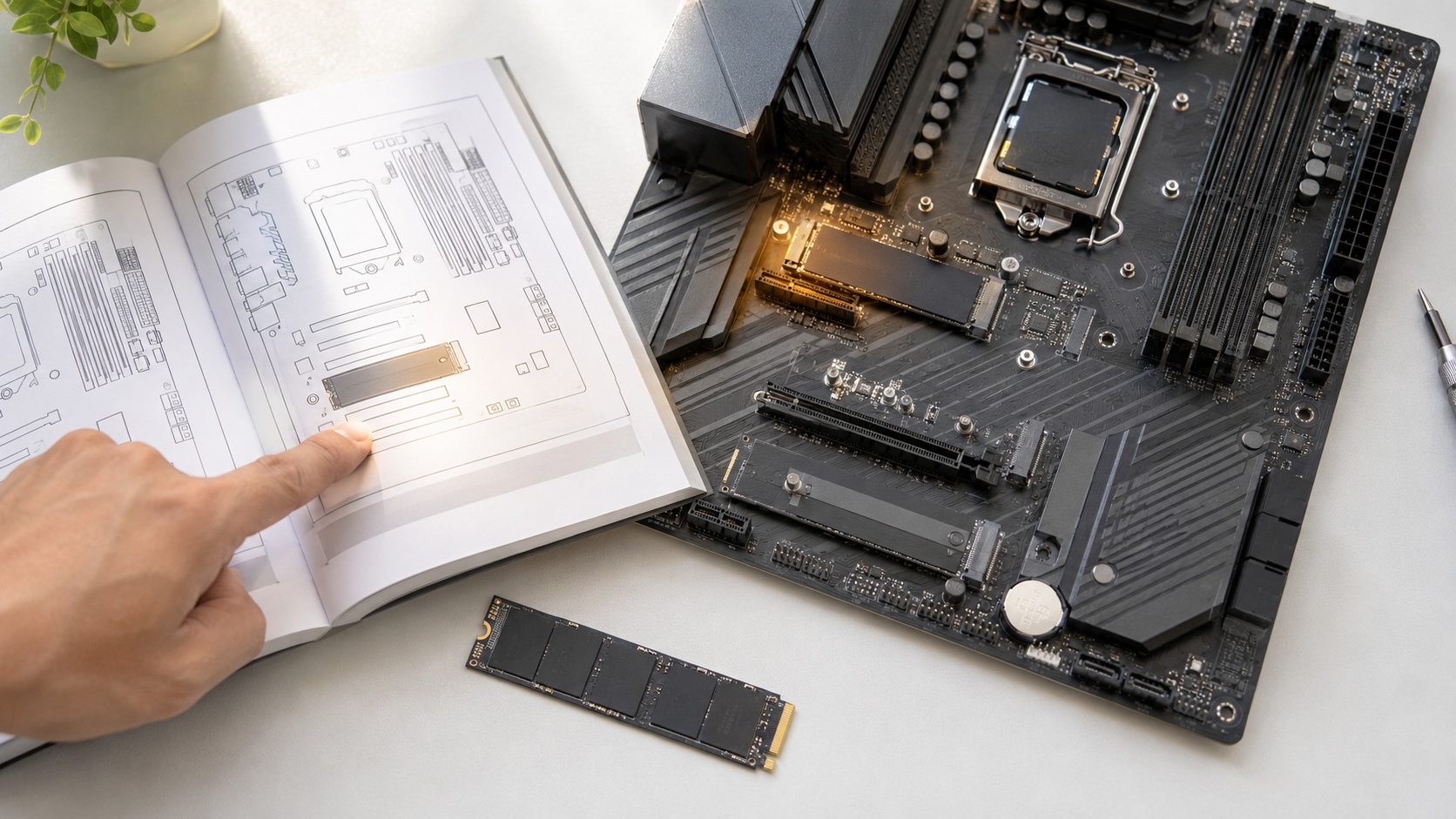 マザーボードのマニュアルと複数のM.2スロットを確認しながら取り付け先を選ぶ様子