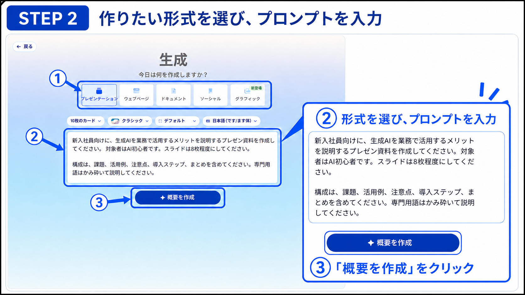 Gammaでプロンプトを入力する画面