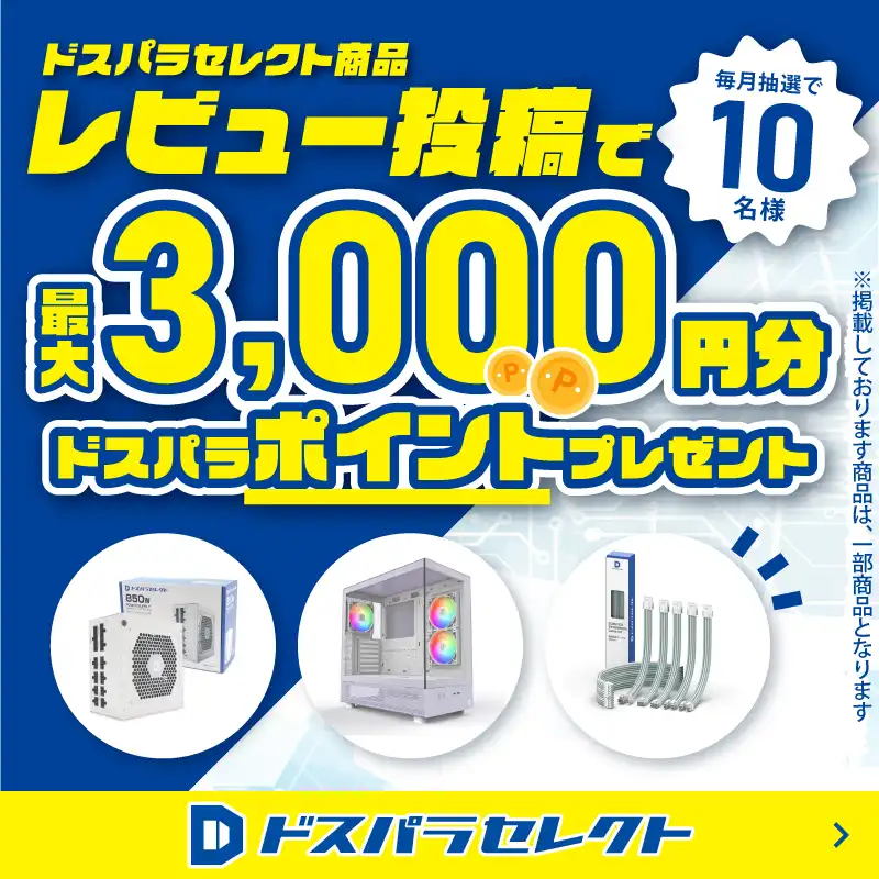 ドスパラセレクト商品レビュー投稿で最大3,000円分ドスパラポイントプレゼント