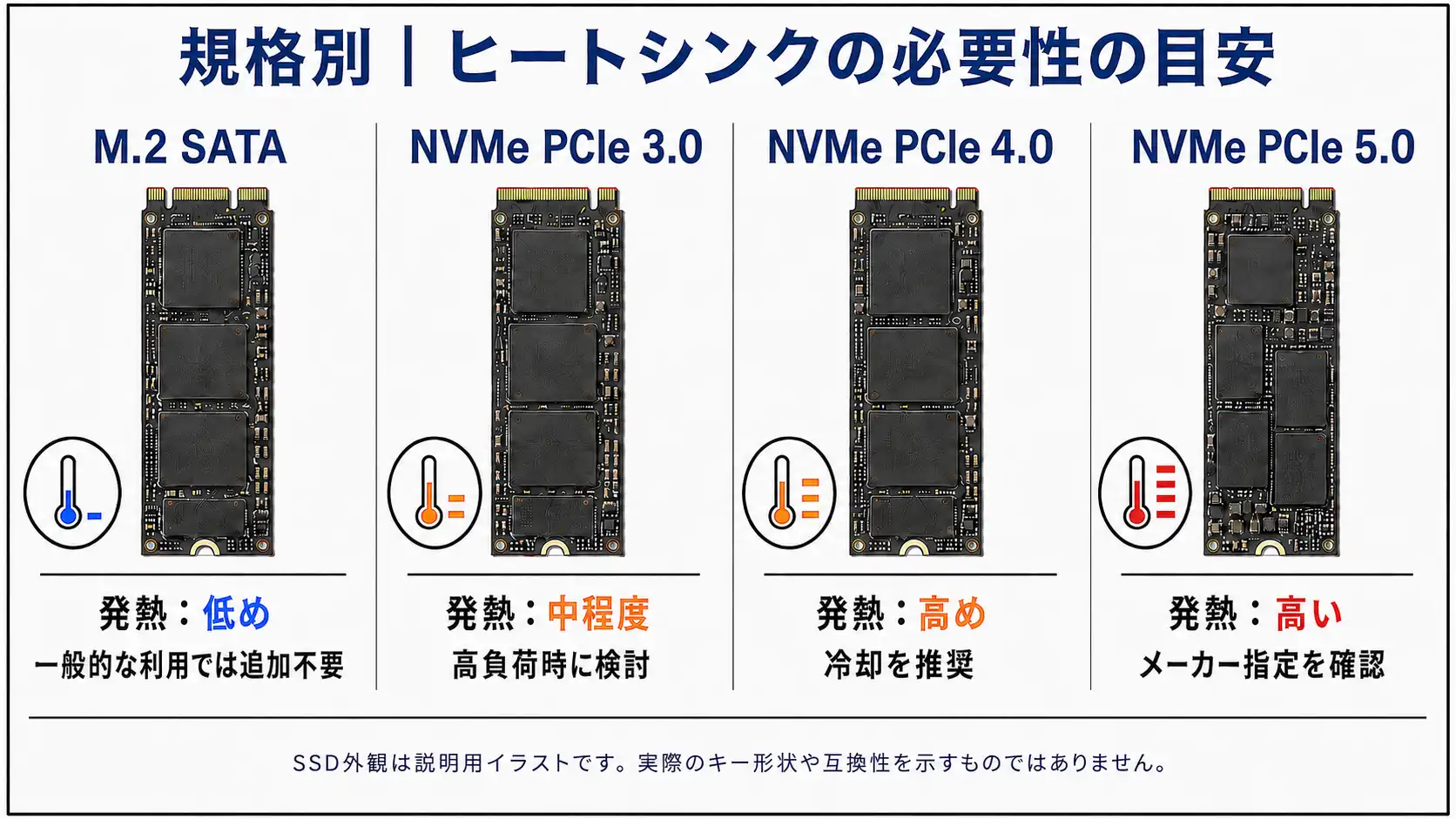 M.2 SATAとPCIe 3.0・4.0・5.0でヒートシンクの必要性の目安を比較した図