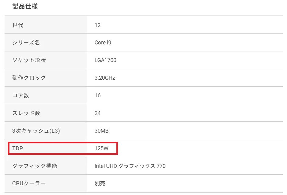 消費電力はTDP（Thermal Design Power： 熱設計電力）で表記します。